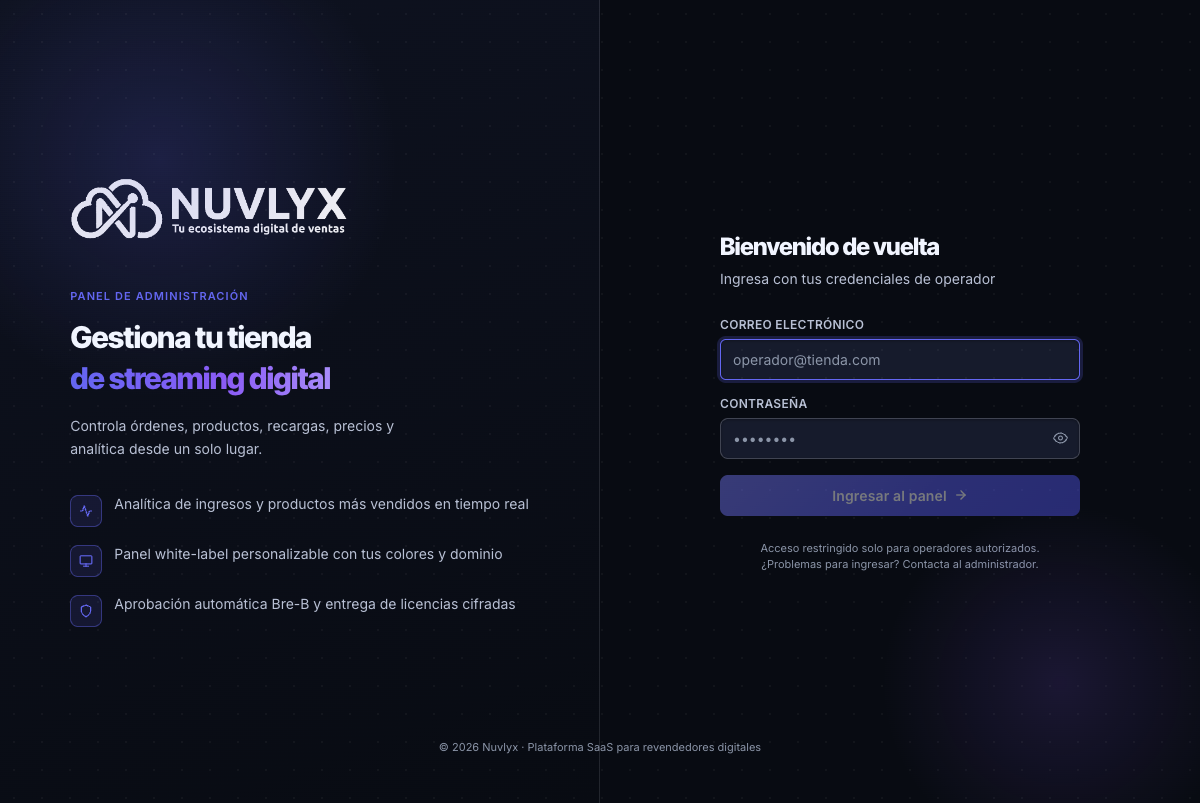 Pantalla de inicio de sesión del panel