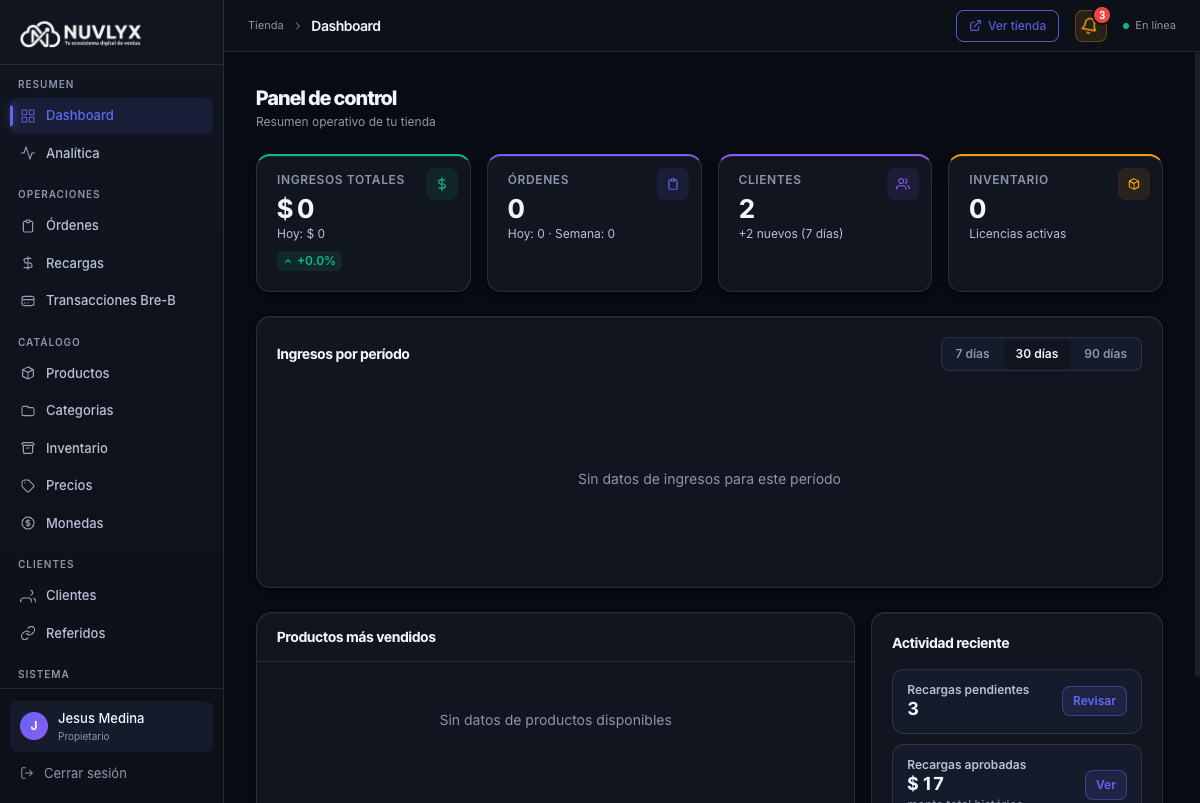 Barra superior con contador de recargas pendientes