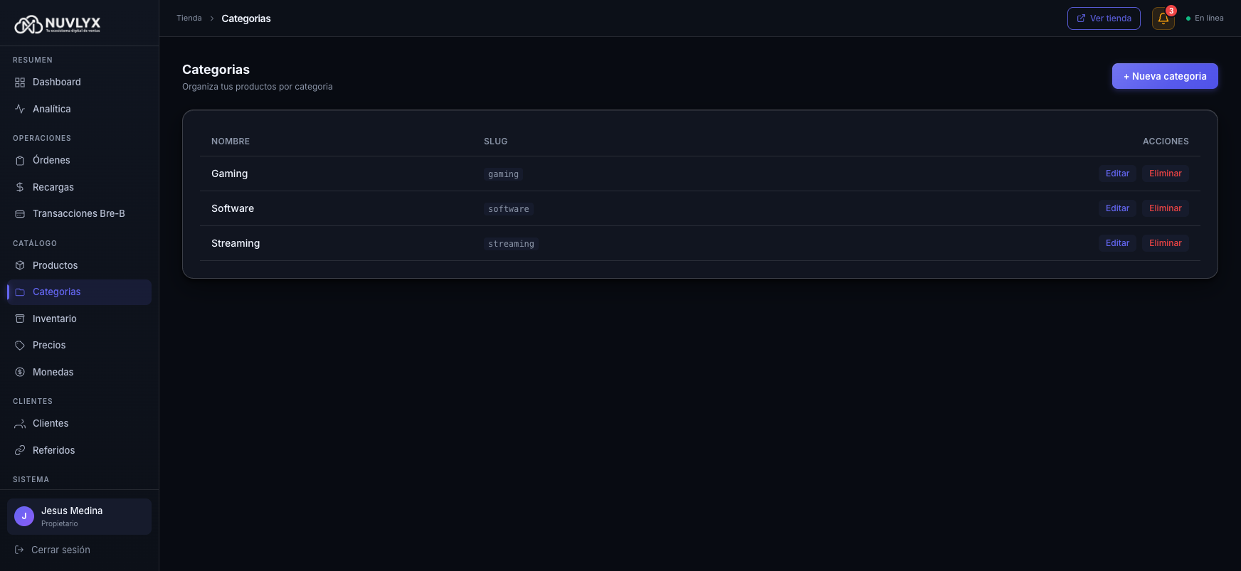 Listado con tres categorías creadas