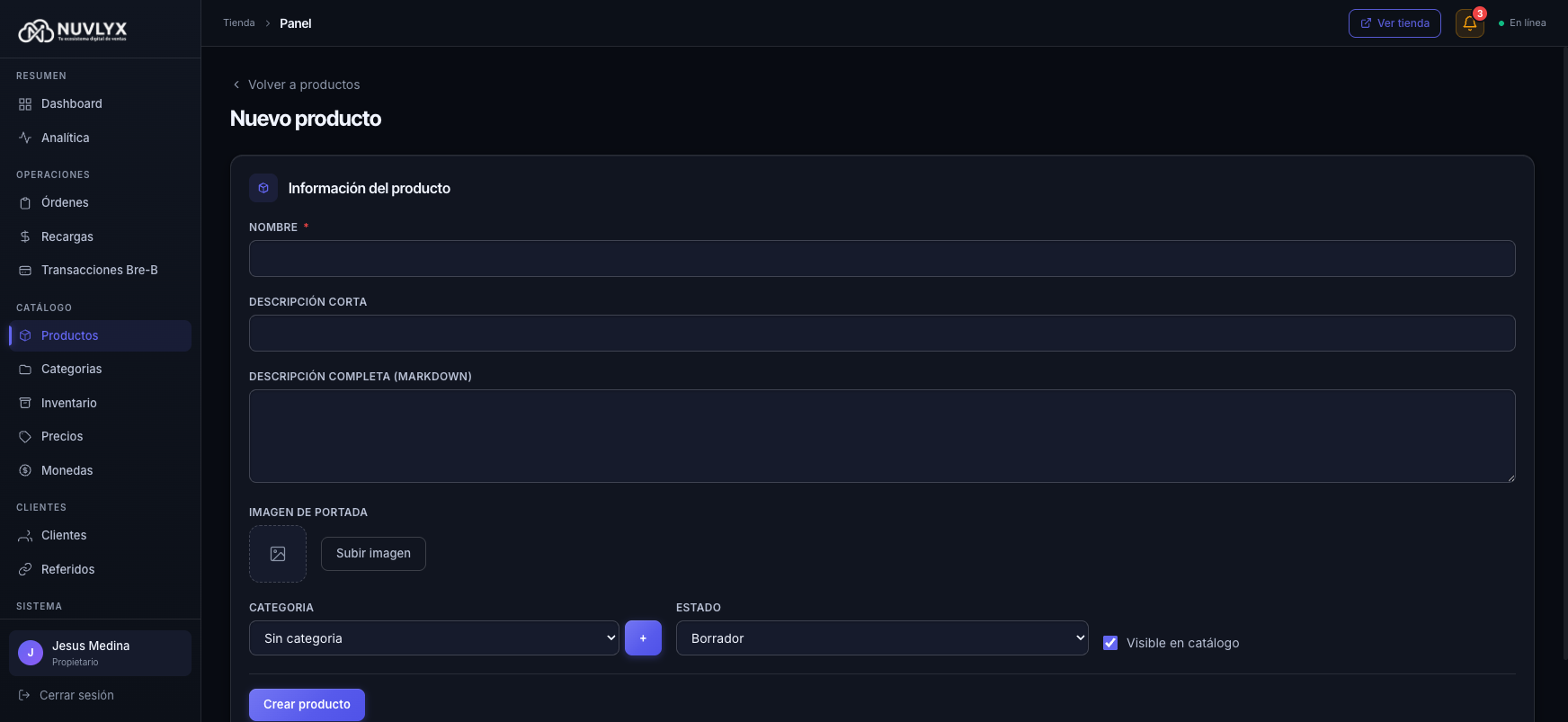 Formulario de nuevo producto