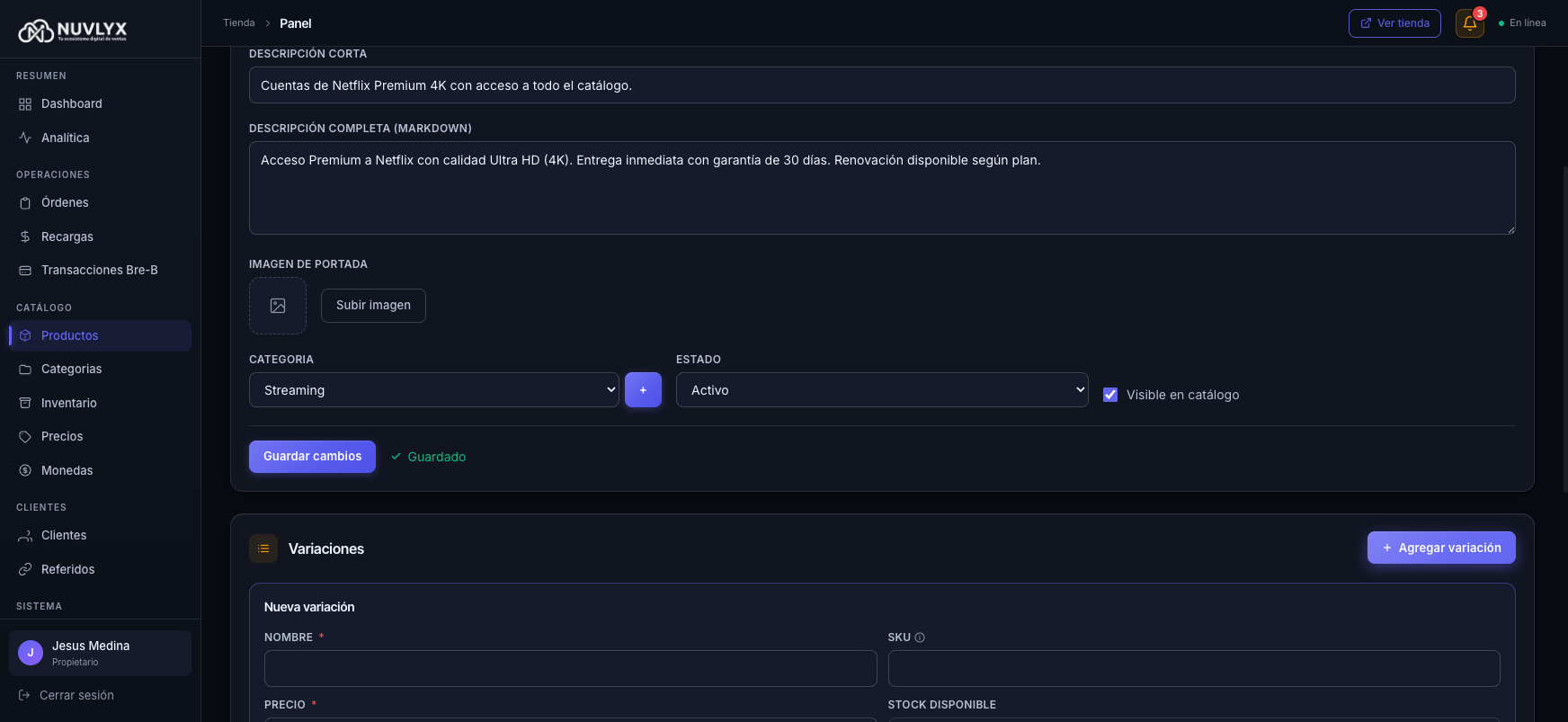 Formulario para agregar una variación