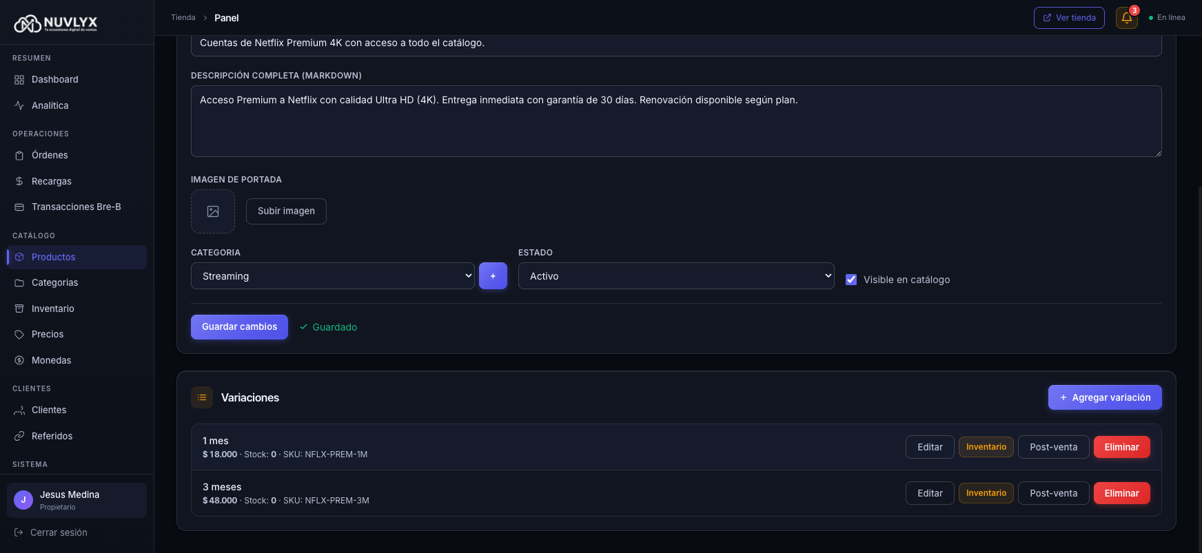 Producto con dos variaciones configuradas