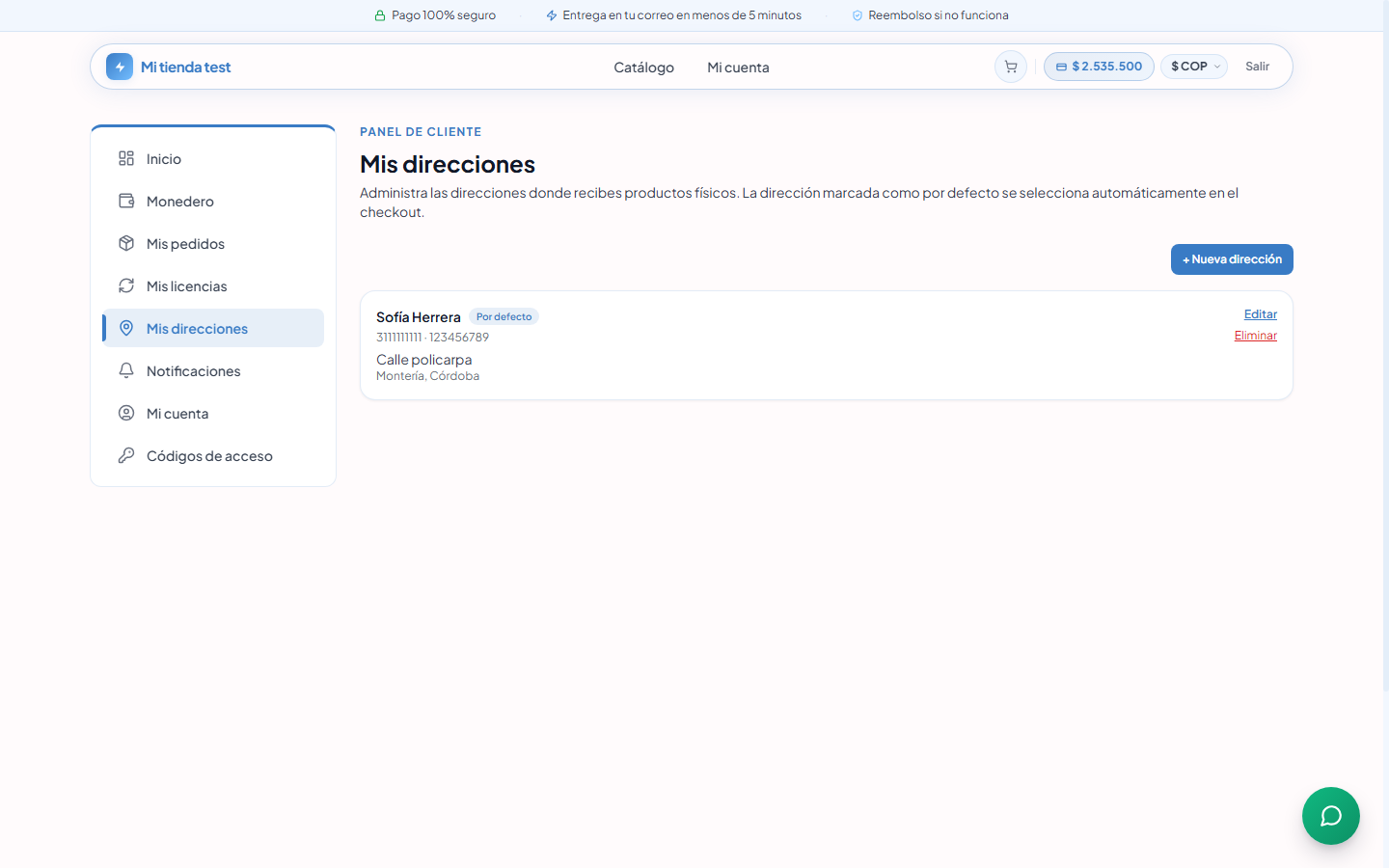 Mis direcciones con una dirección marcada Por defecto y el botón Nueva dirección