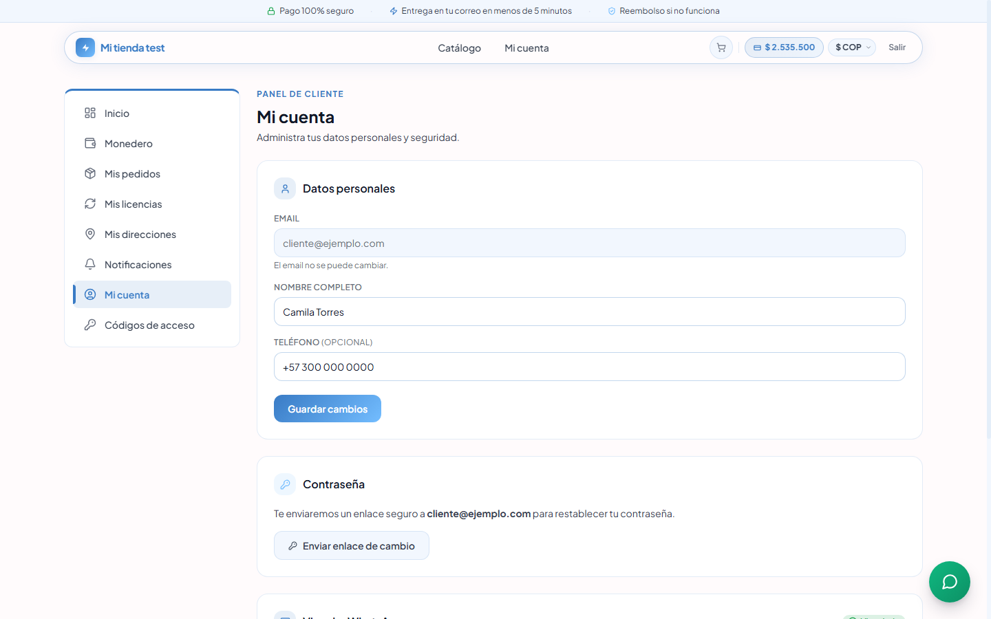 Mi cuenta del cliente: datos personales y cambio de contraseña