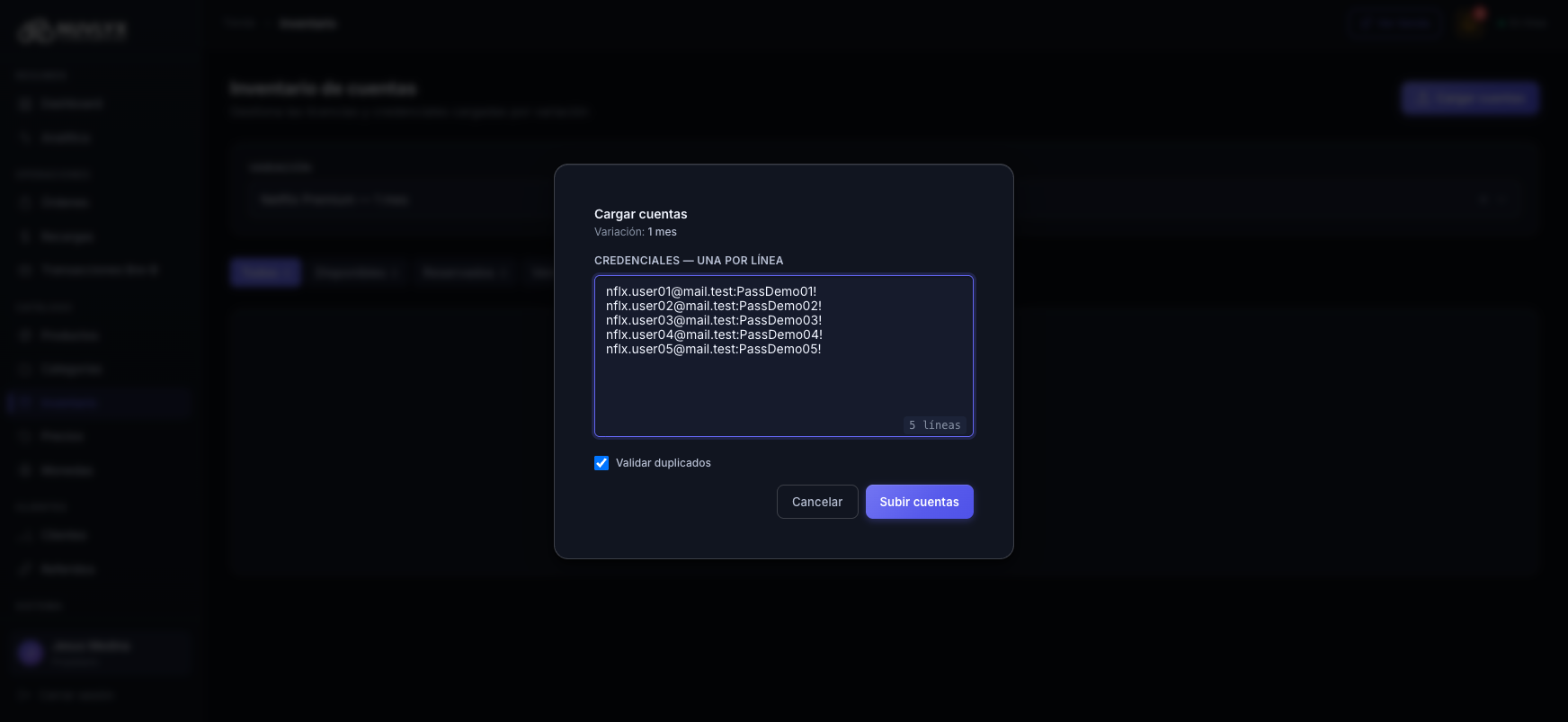 Modal de carga: cinco credenciales listadas