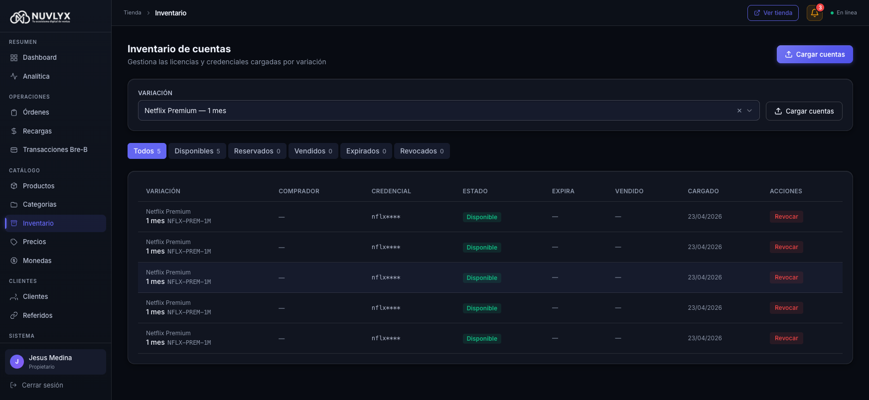 Inventario con cinco cuentas disponibles