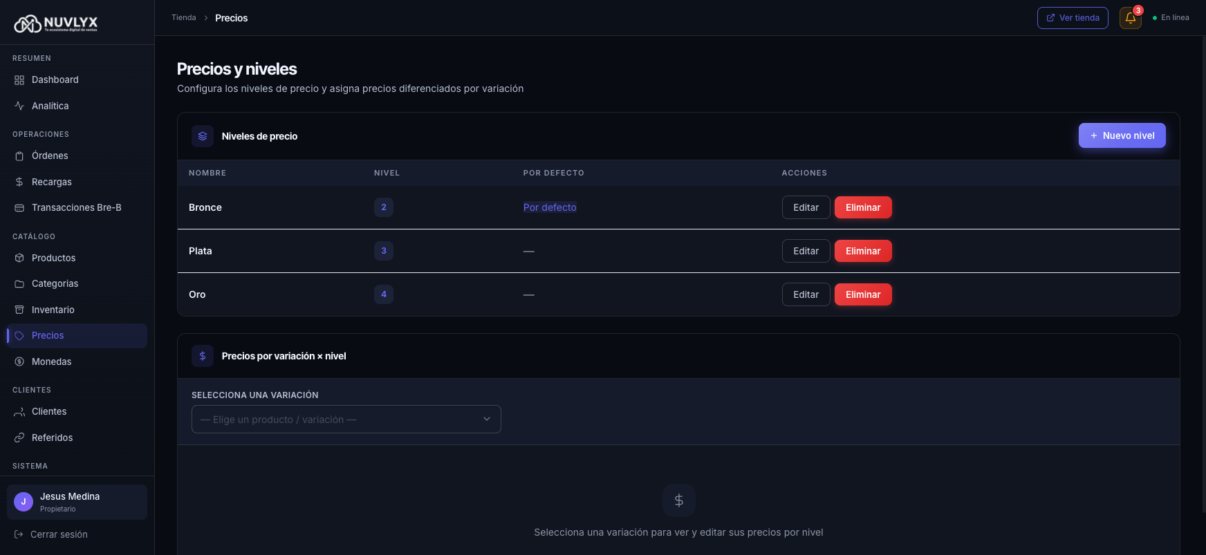 Tres niveles creados: Bronce (2, por defecto), Plata (3) y Oro (4)