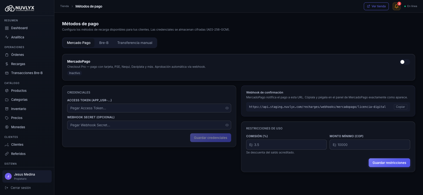 Pestaña MercadoPago con credenciales y webhook