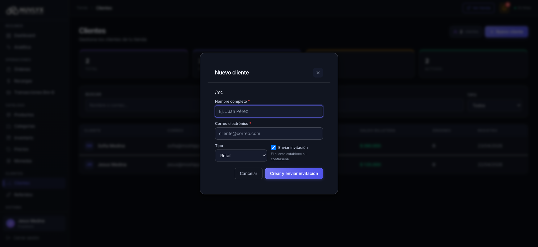 Modal Nuevo cliente con tipo Retail seleccionado