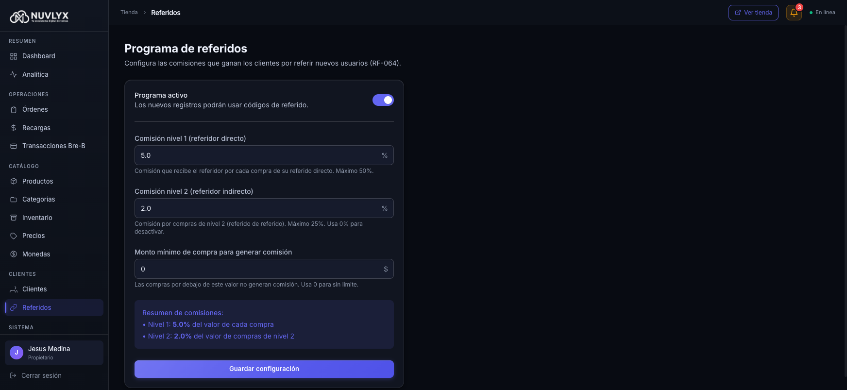 Programa de referidos activo con nivel 1 al 5% y nivel 2 al 2%