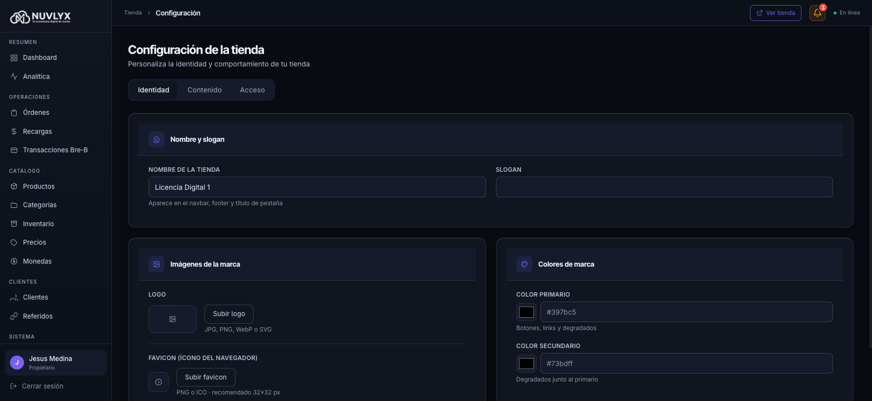 Pestaña Identidad: nombre, logo e imágenes de la marca