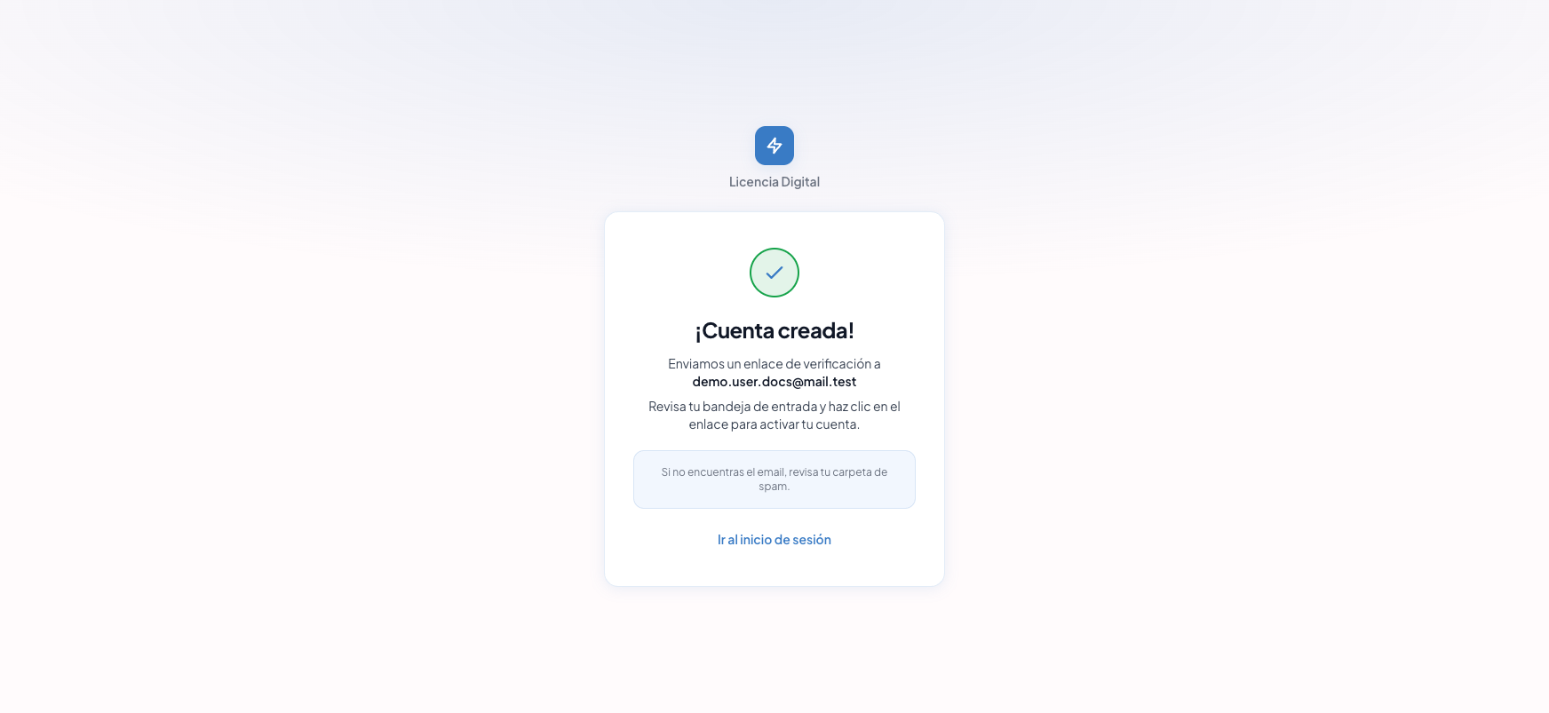 Pantalla de verificación tras el registro
