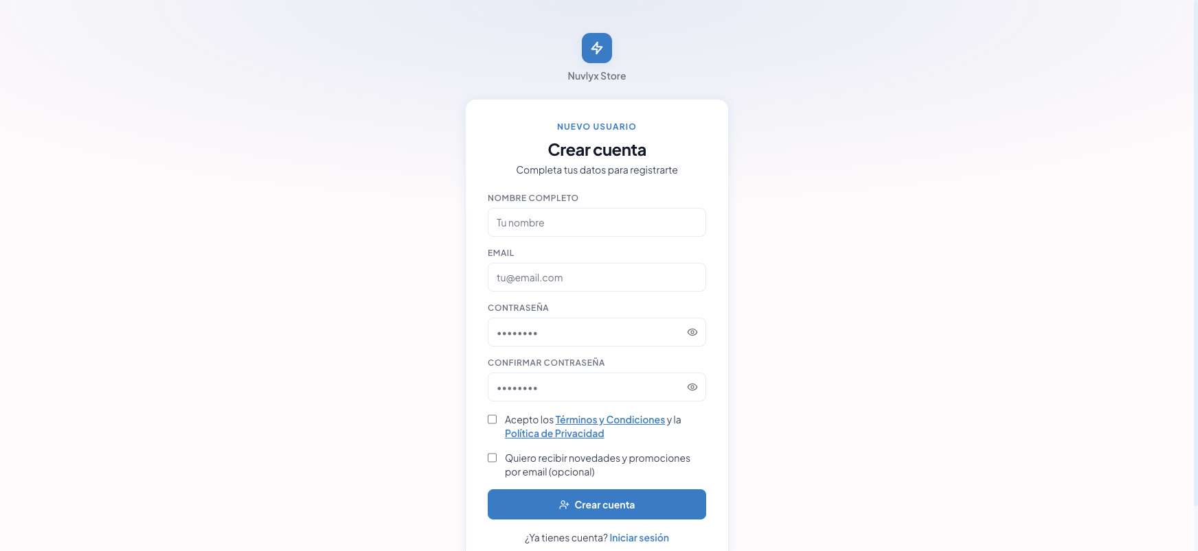 Formulario Crear cuenta de la tienda pública
