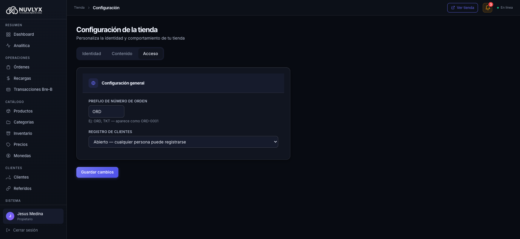 Pestaña Acceso: prefijo de órdenes y registro
