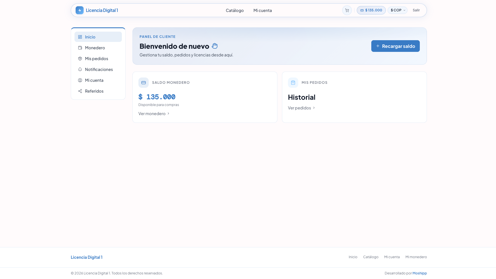 Dashboard del cliente con saldo disponible