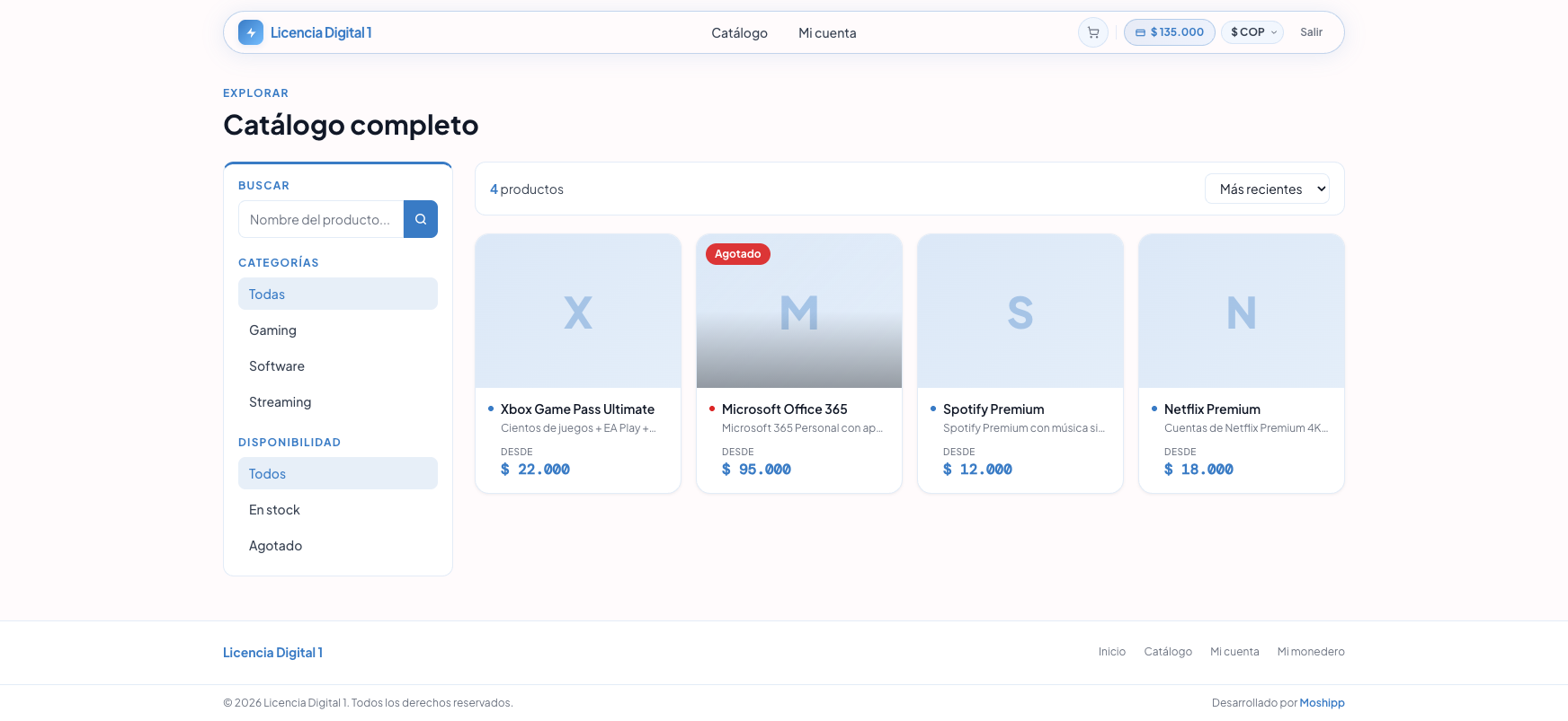 Catálogo público con cuatro productos, uno marcado como Agotado