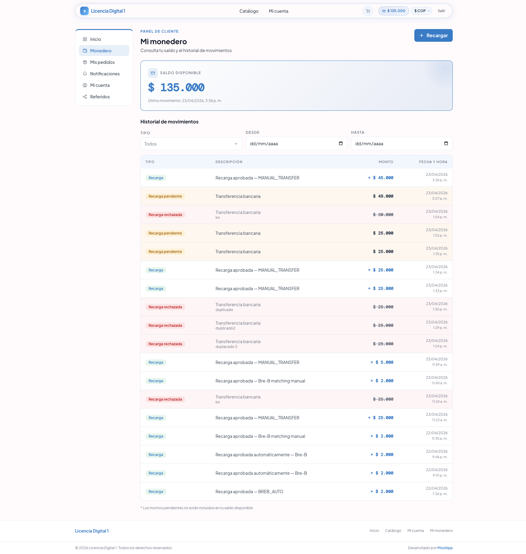 Monedero del cliente con historial