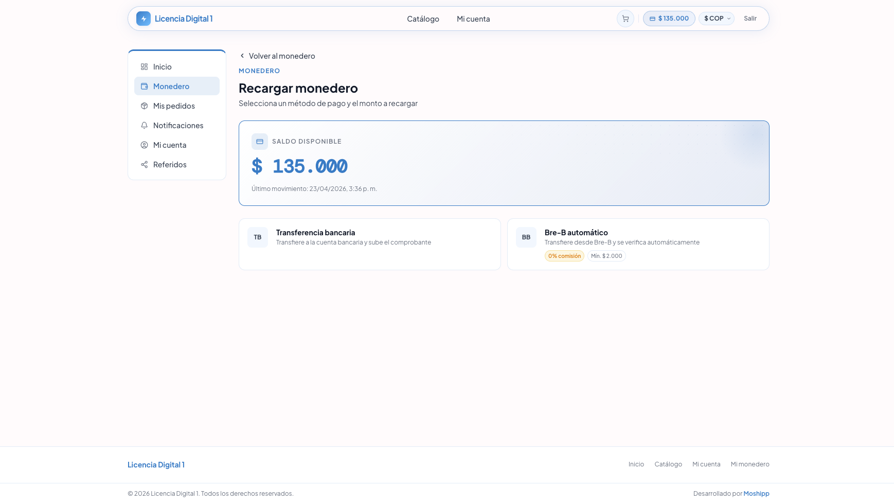 Pantalla de elegir método de recarga
