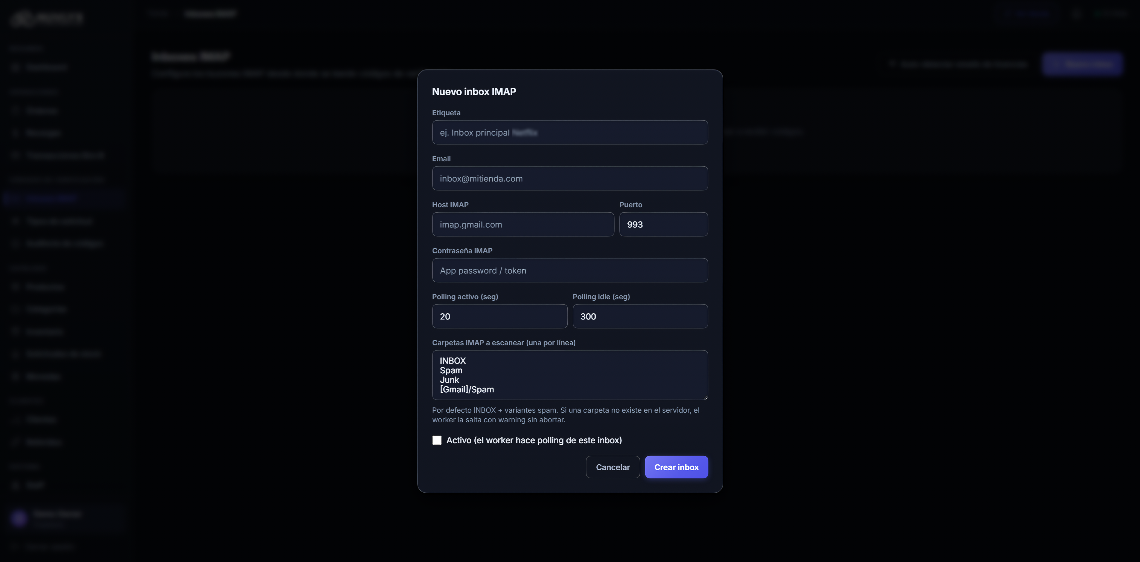 Modal de nuevo inbox IMAP
