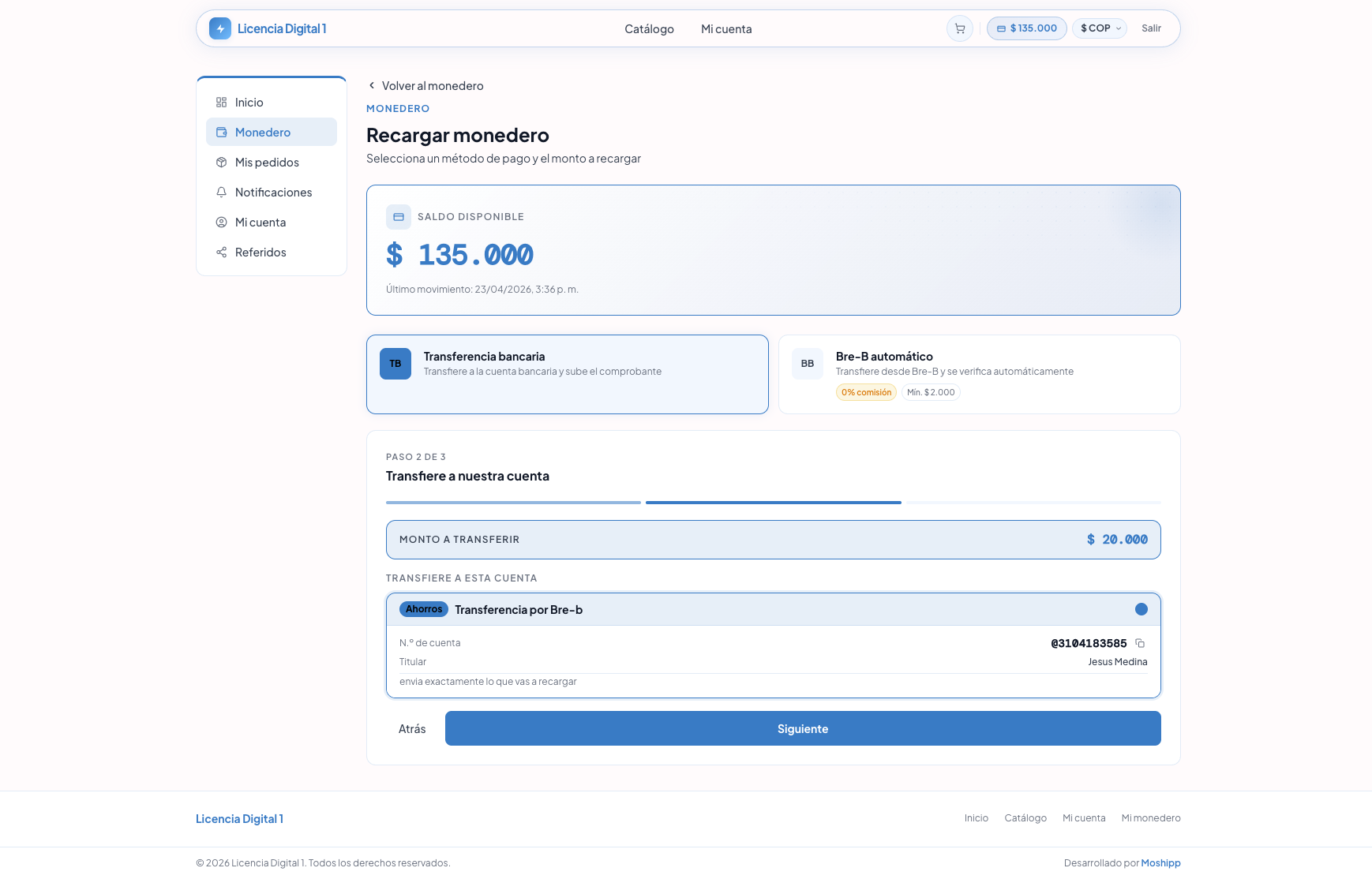 Paso 2: datos bancarios destino