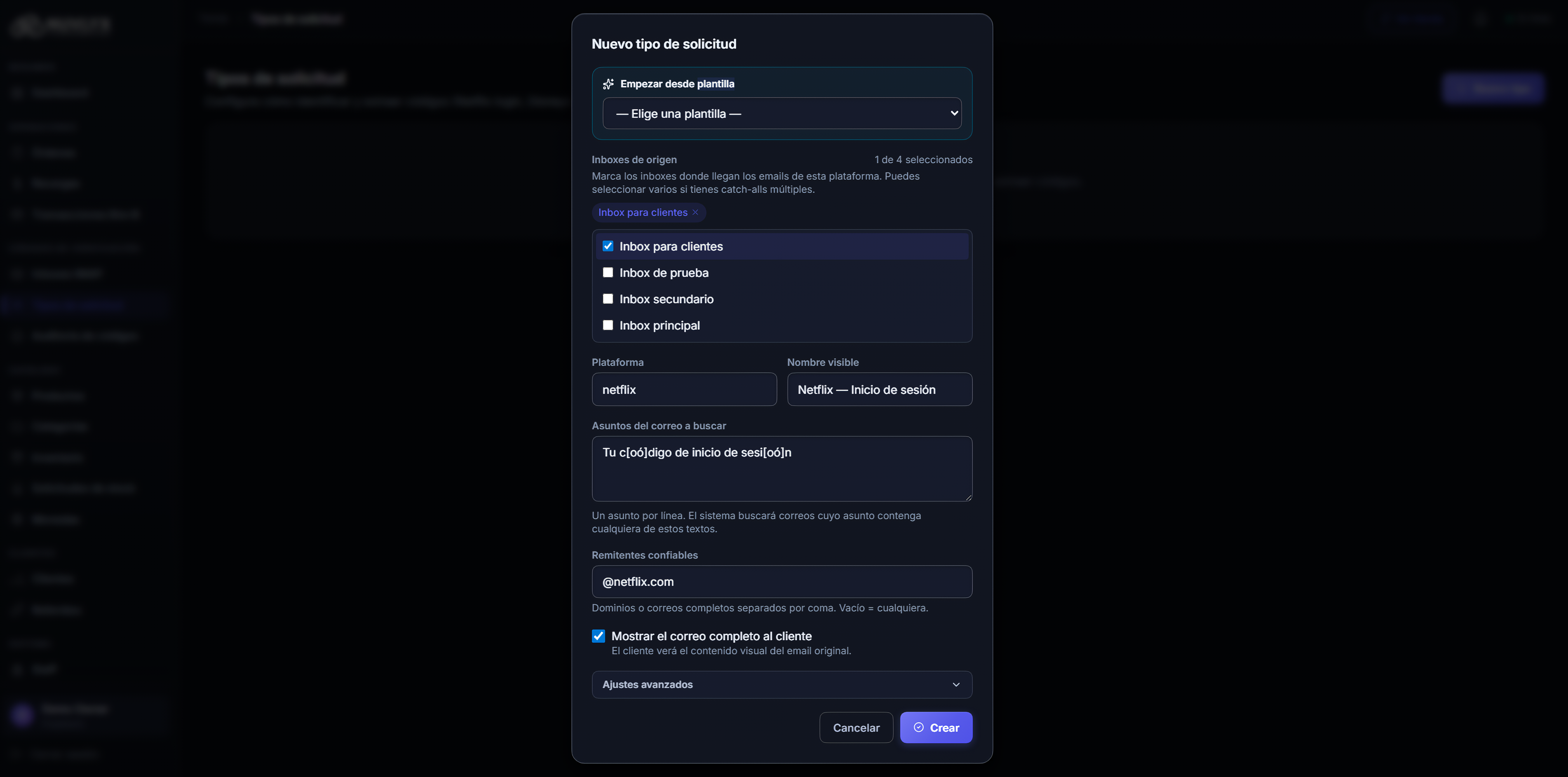 Modal de nuevo tipo con plantilla aplicada