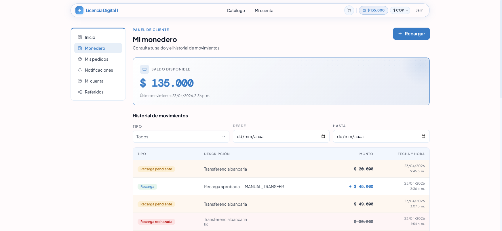 Recarga pendiente en el historial