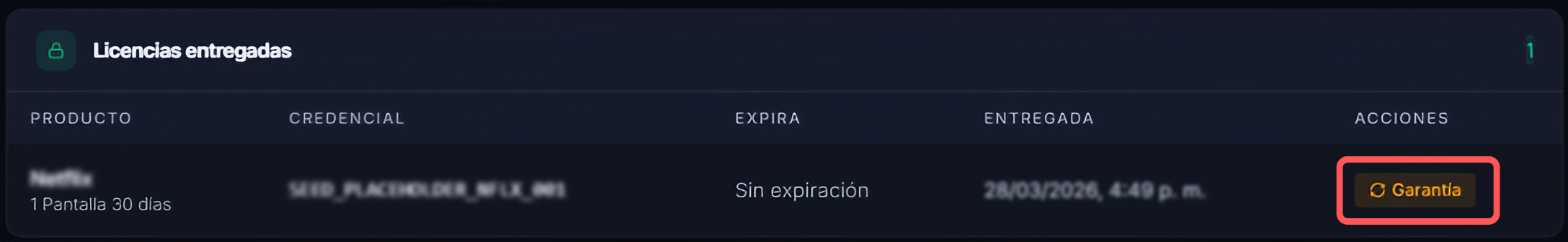 Botón Garantía en el detalle de la orden