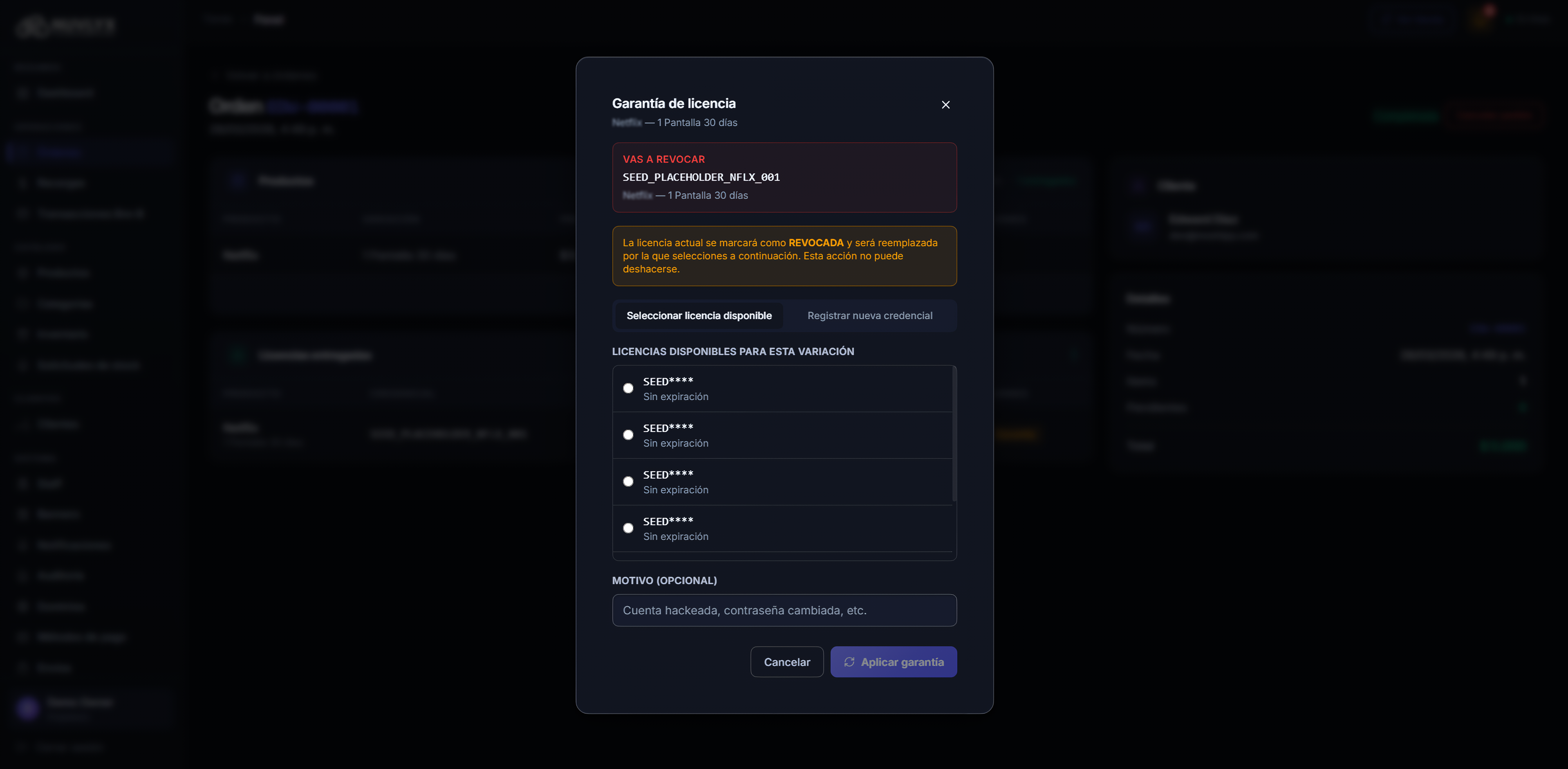 Modal de garantía — Seleccionar licencia disponible