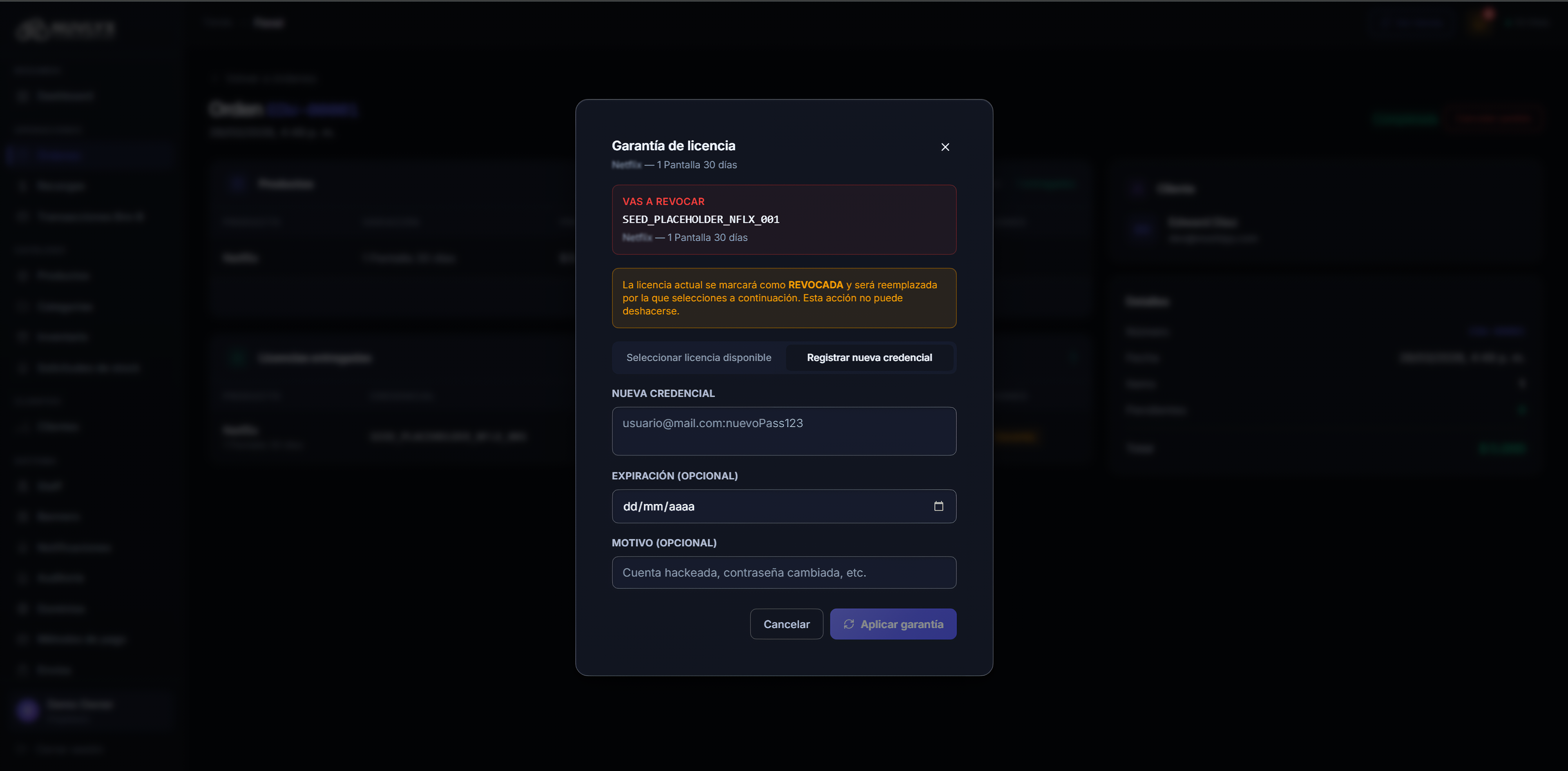 Modal de garantía — Registrar nueva credencial