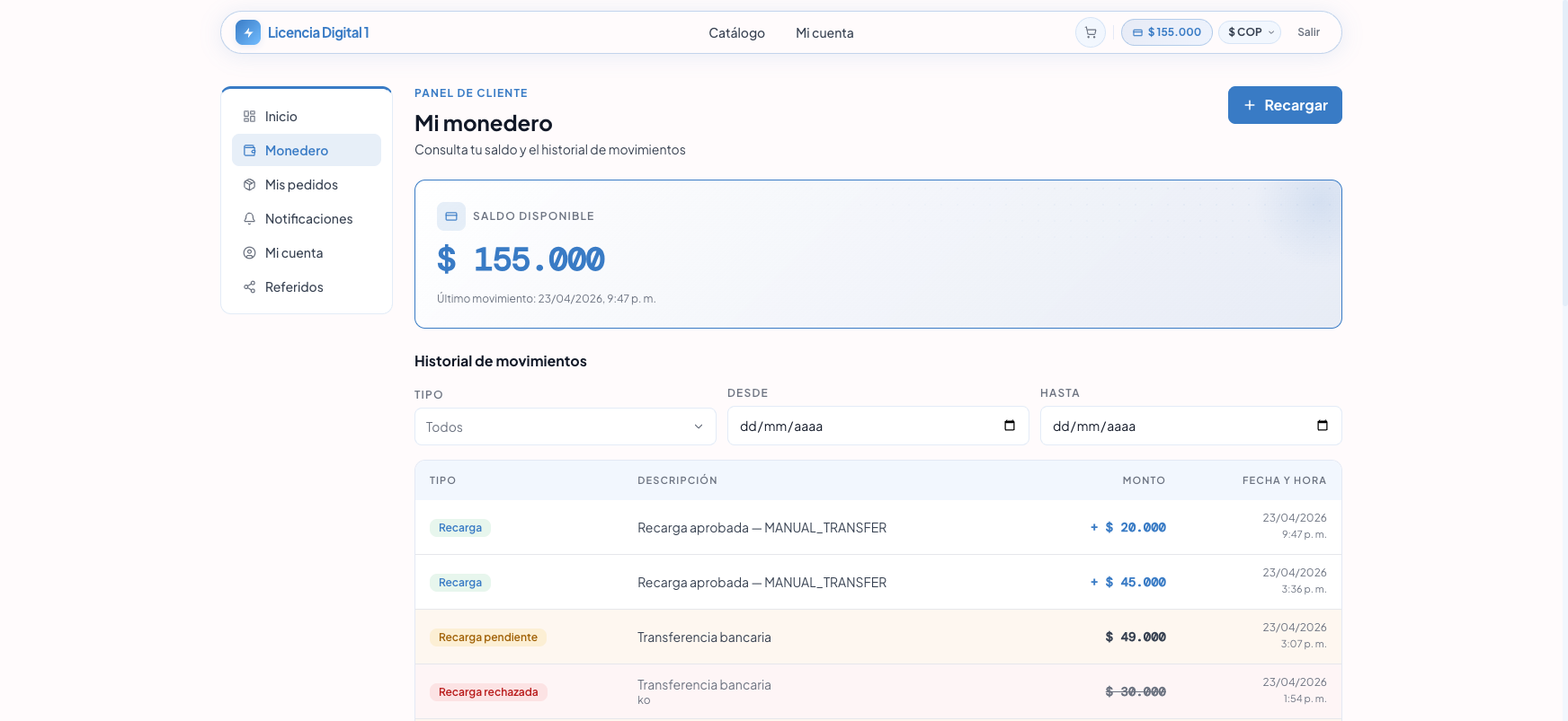 Saldo actualizado tras aprobar la recarga