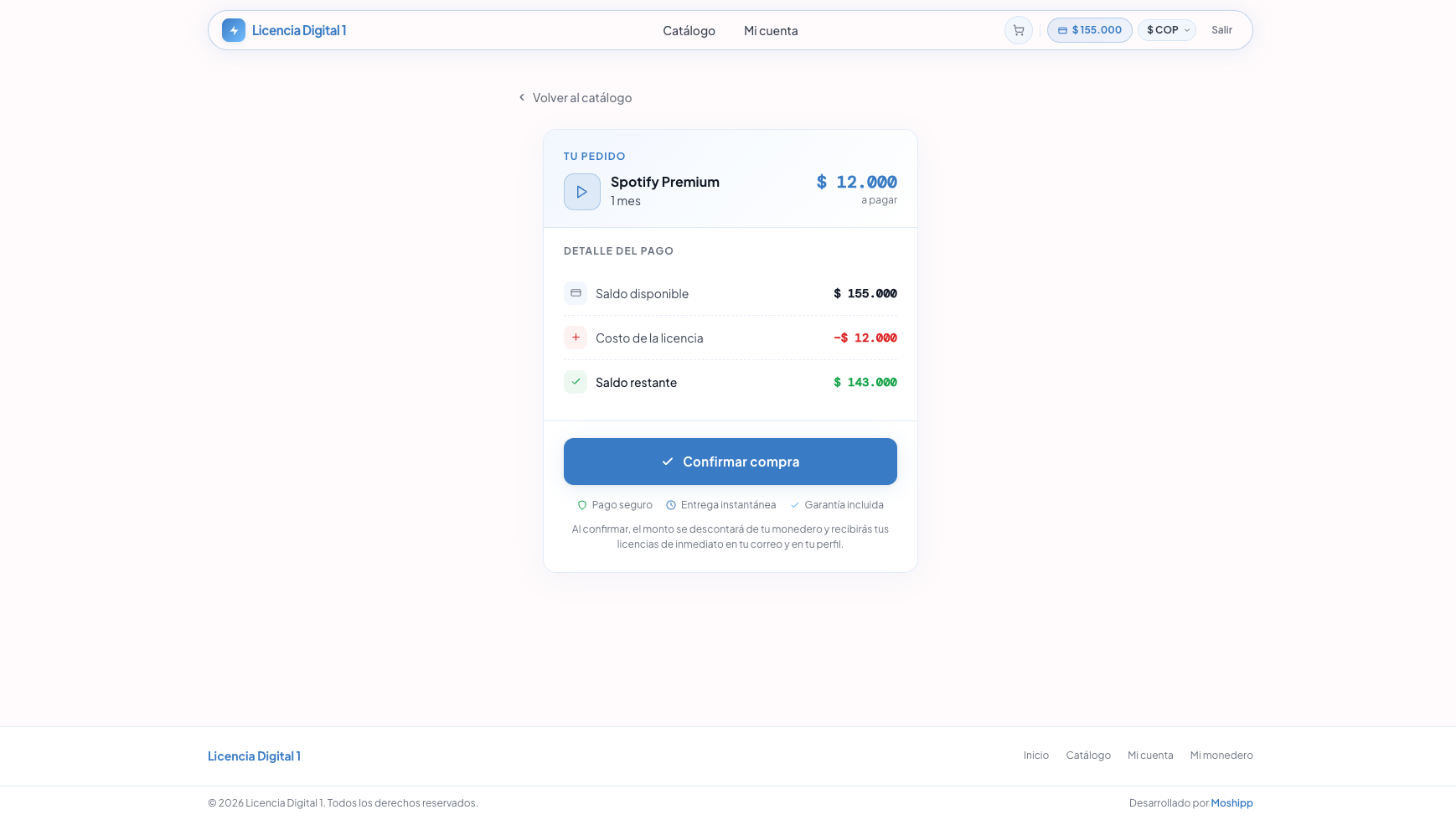 Checkout con resumen de saldos