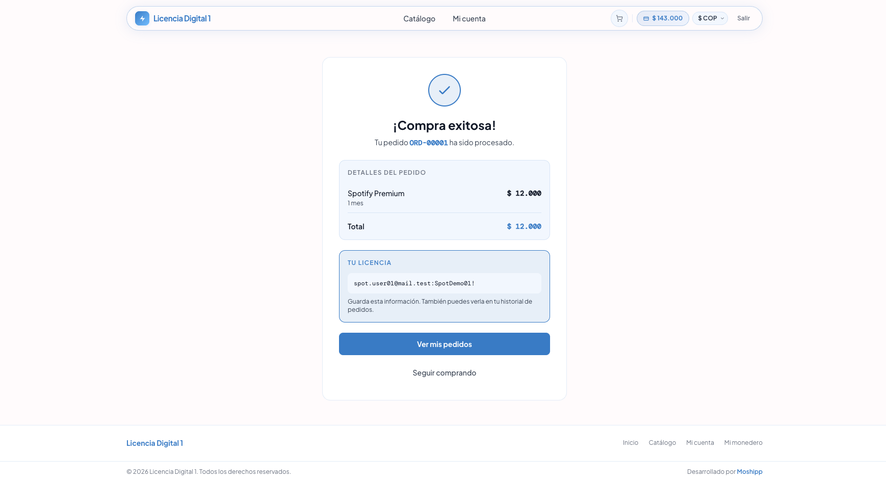 Pantalla de compra exitosa con licencia entregada