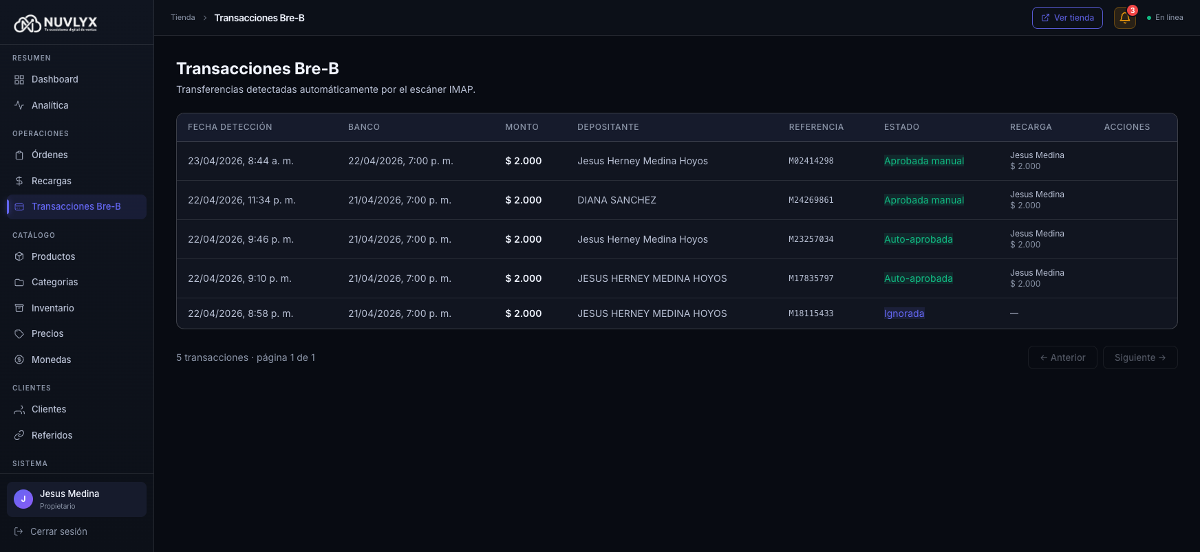 Lista de transacciones Bre-B con estados: Auto-aprobada, Aprobada manual, Ignorada