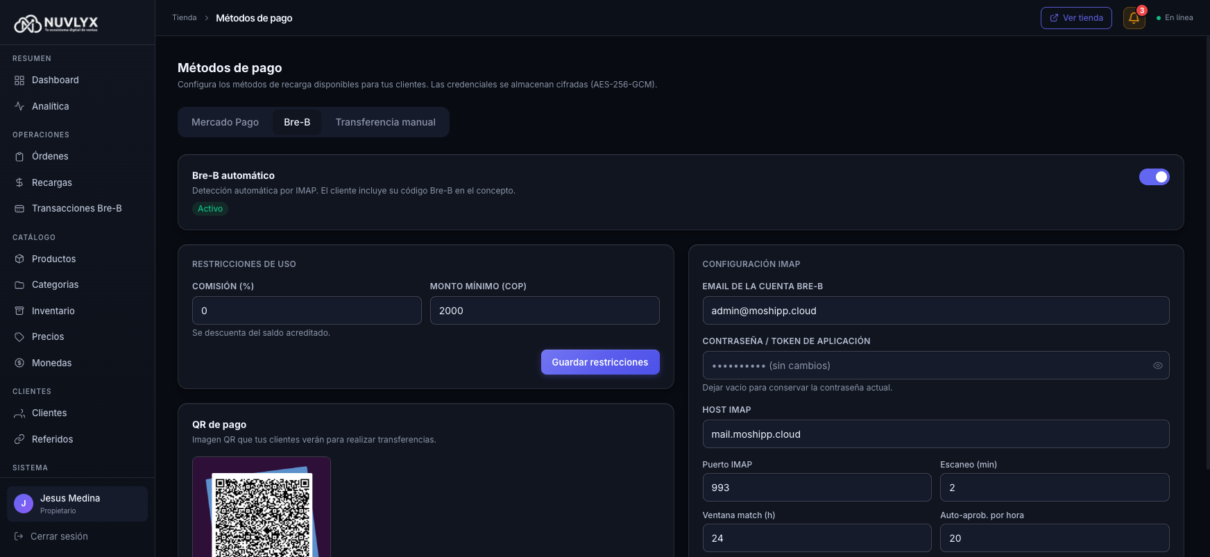 Configuración Bre-B con datos IMAP y QR