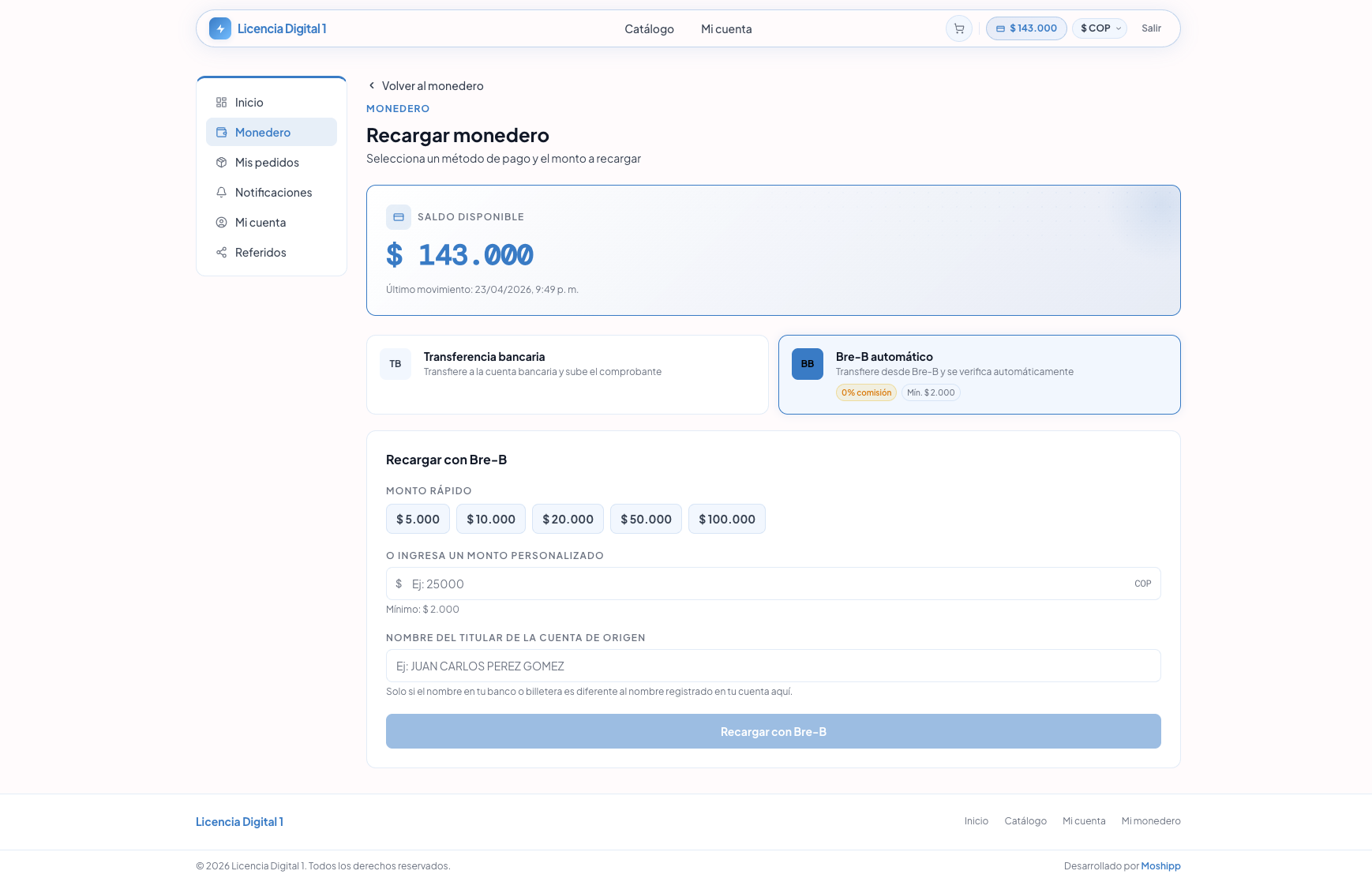 Formulario de recarga Bre-B en storefront