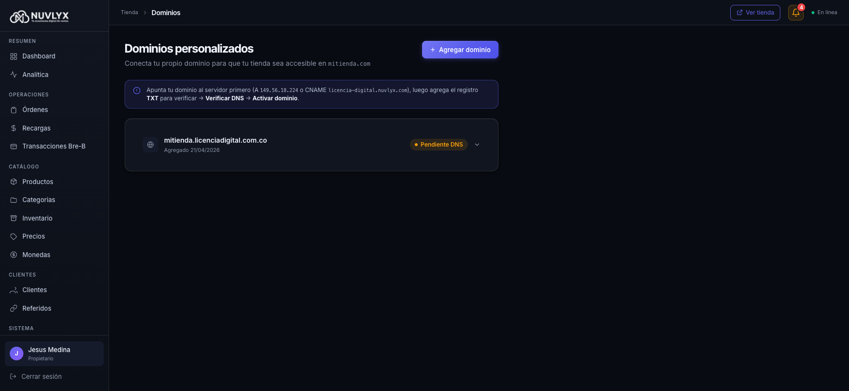 Lista de dominios personalizados con uno en estado Pendiente DNS