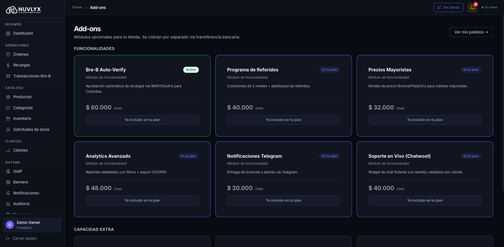 Catálogo de add-ons en el panel del OWNER