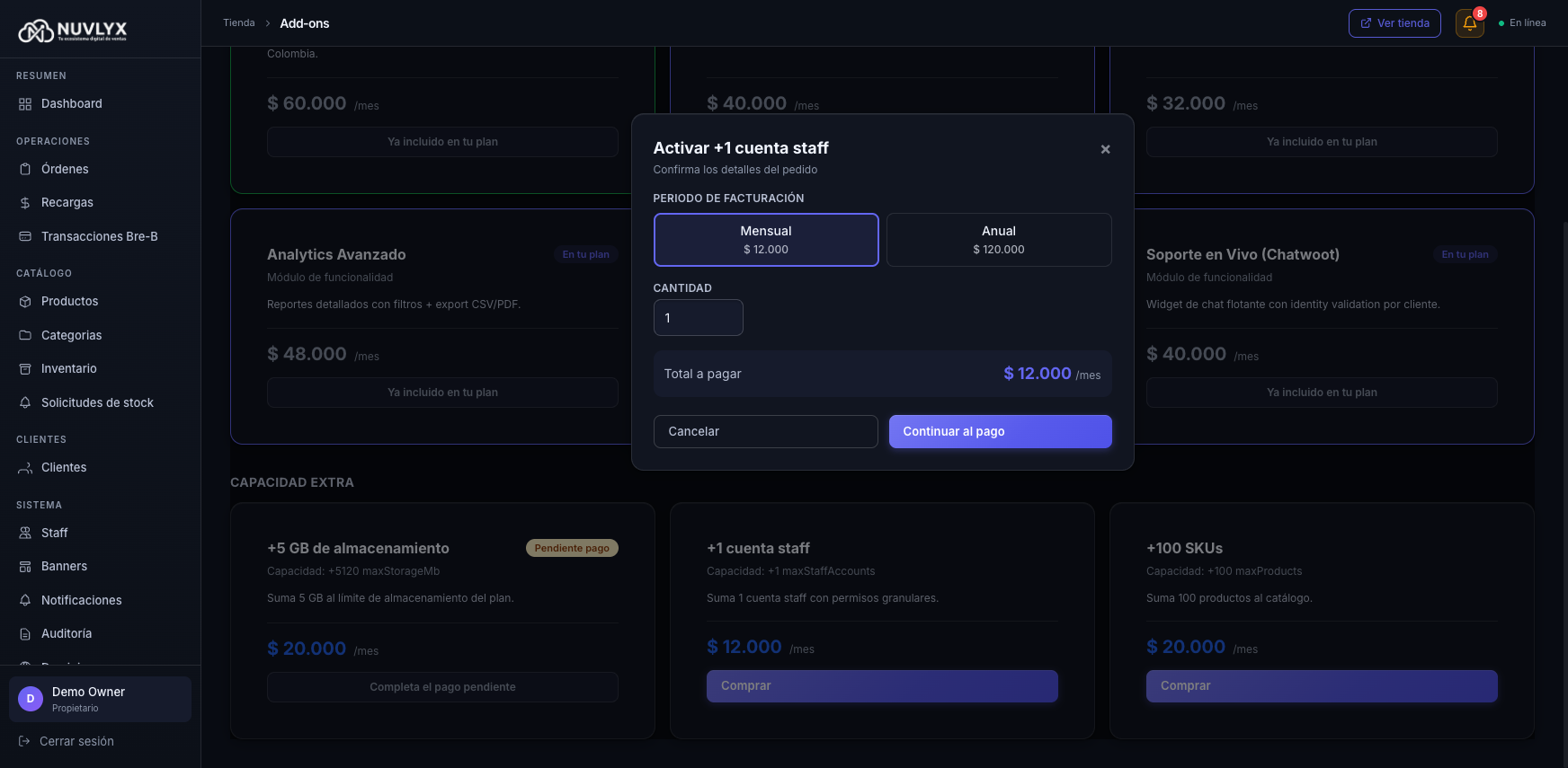 Modal paso 1 — confirmar pedido
