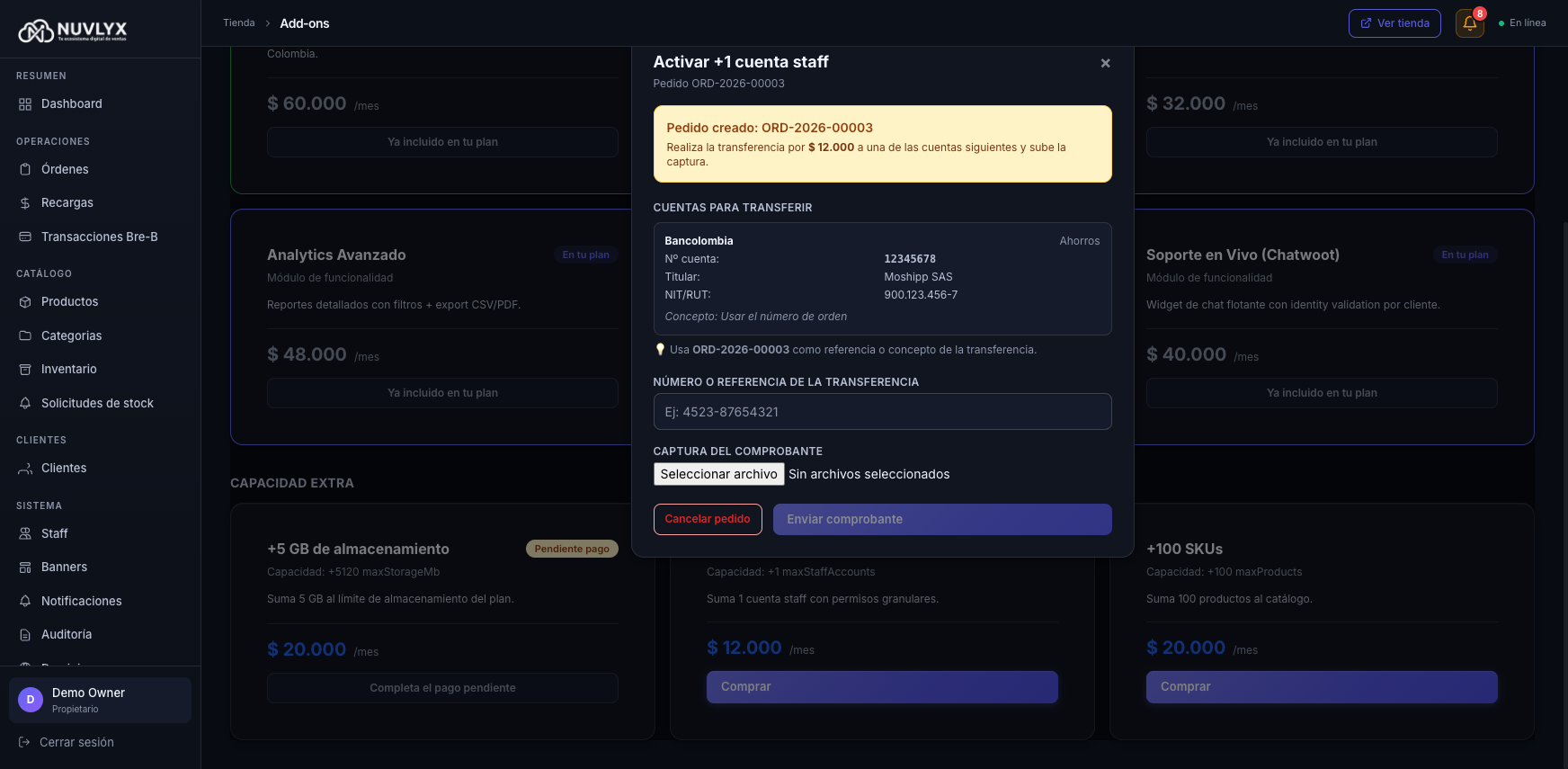 Modal paso 2 — datos bancarios y subir comprobante
