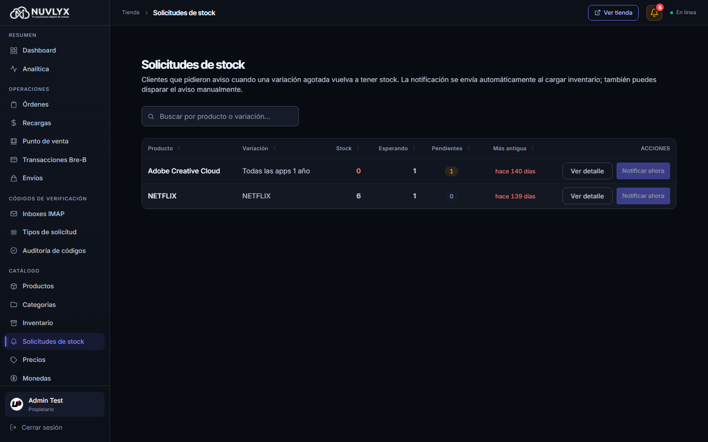 Solicitudes de stock agrupadas por variación, con pendientes y botón Notificar ahora