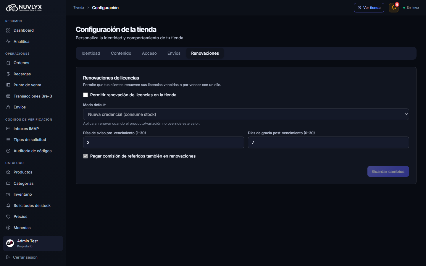 Pestaña Renovaciones: modo por defecto, días de aviso y de gracia