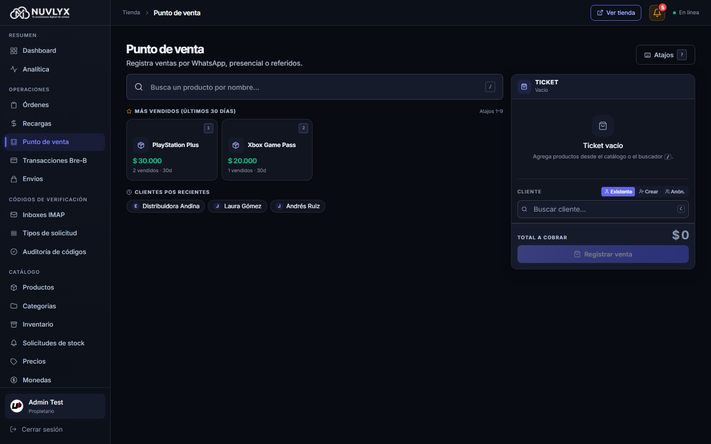 Punto de venta: buscador, más vendidos, clientes recientes y ticket vacío