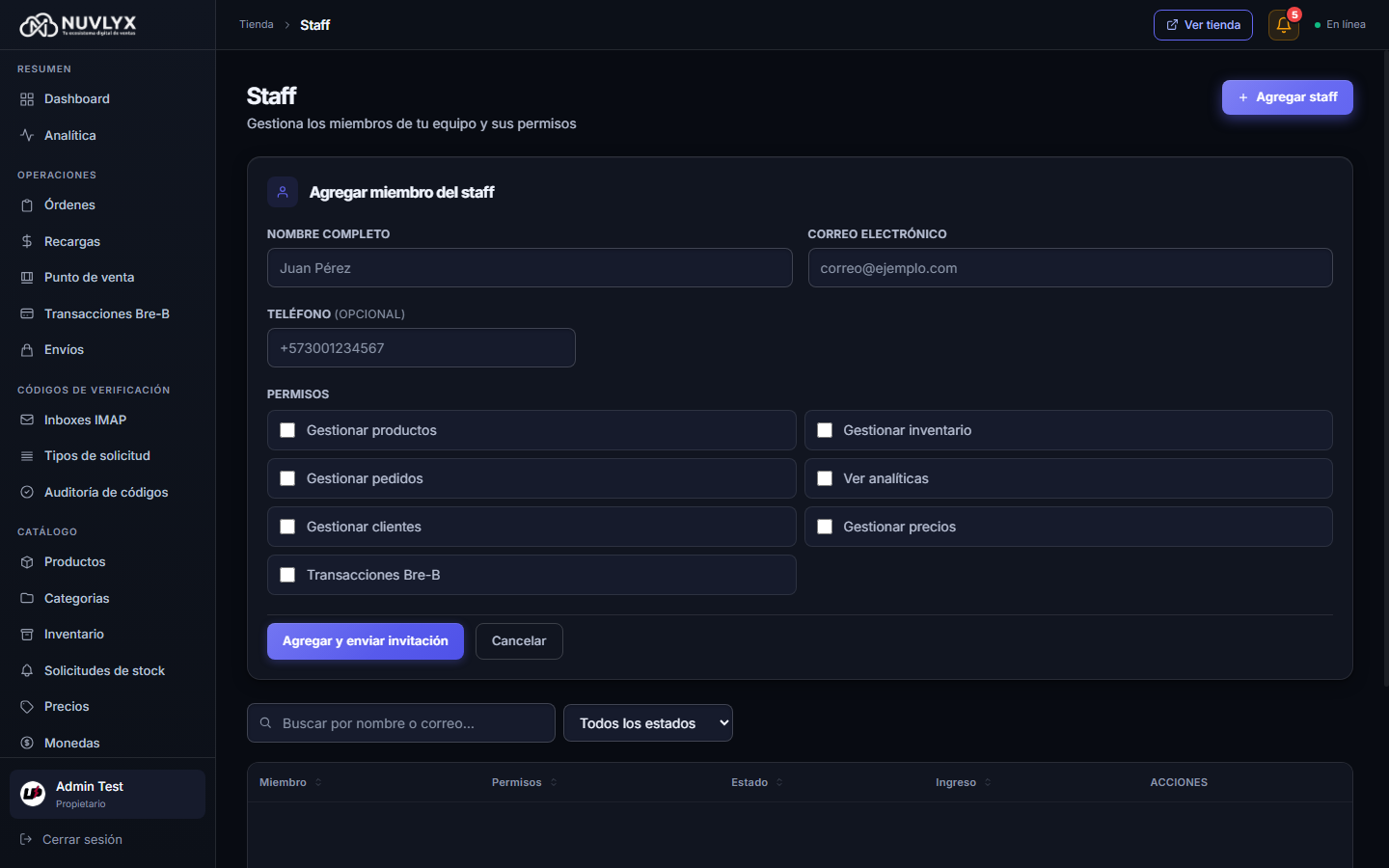 Formulario Agregar miembro del staff con las casillas de permisos