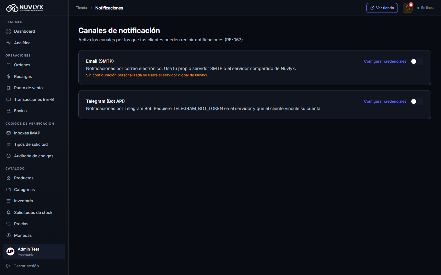 Canales de notificación: tarjetas Email (SMTP) y Telegram (Bot API)