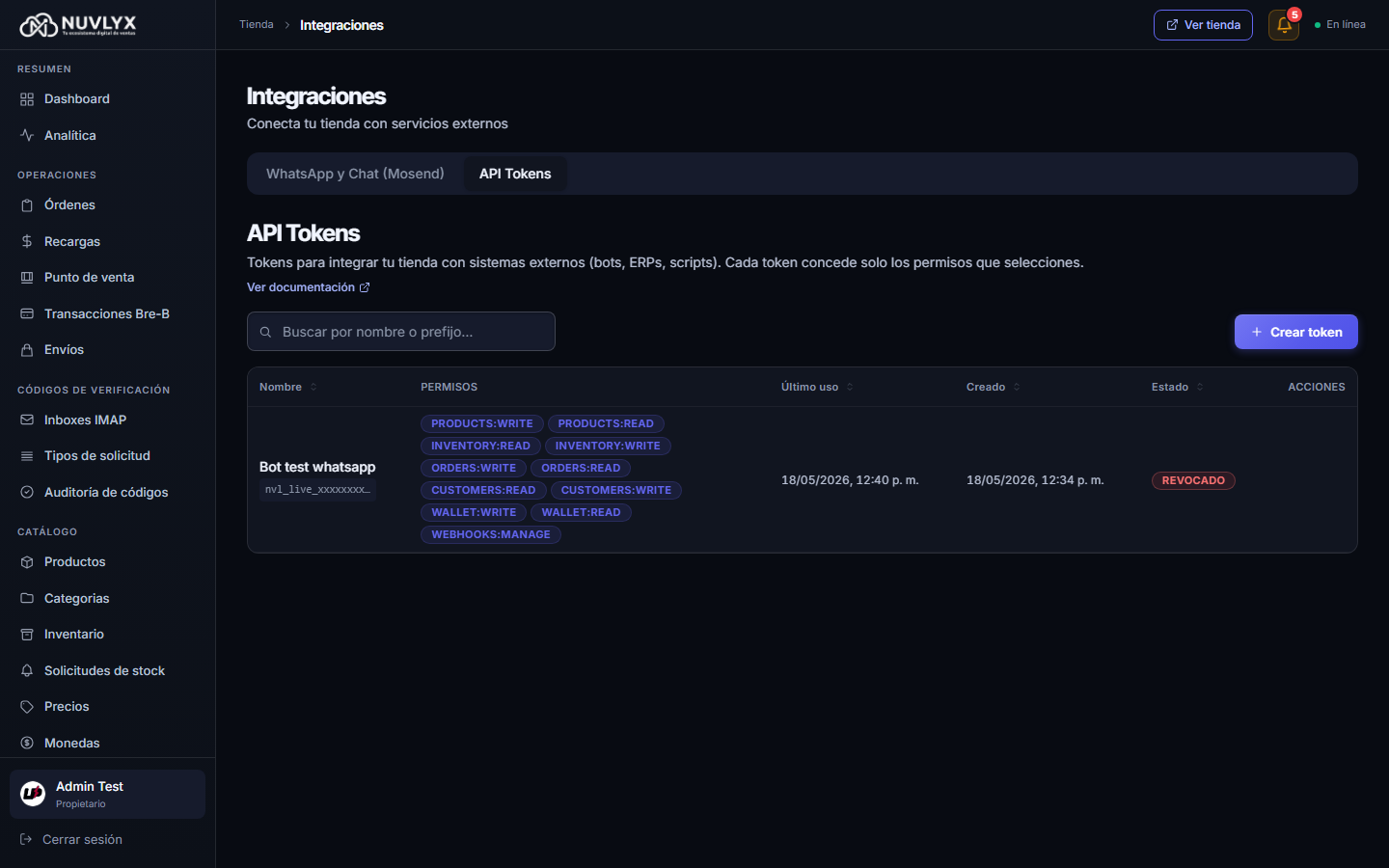 Pestaña API Tokens con un token revocado y sus permisos
