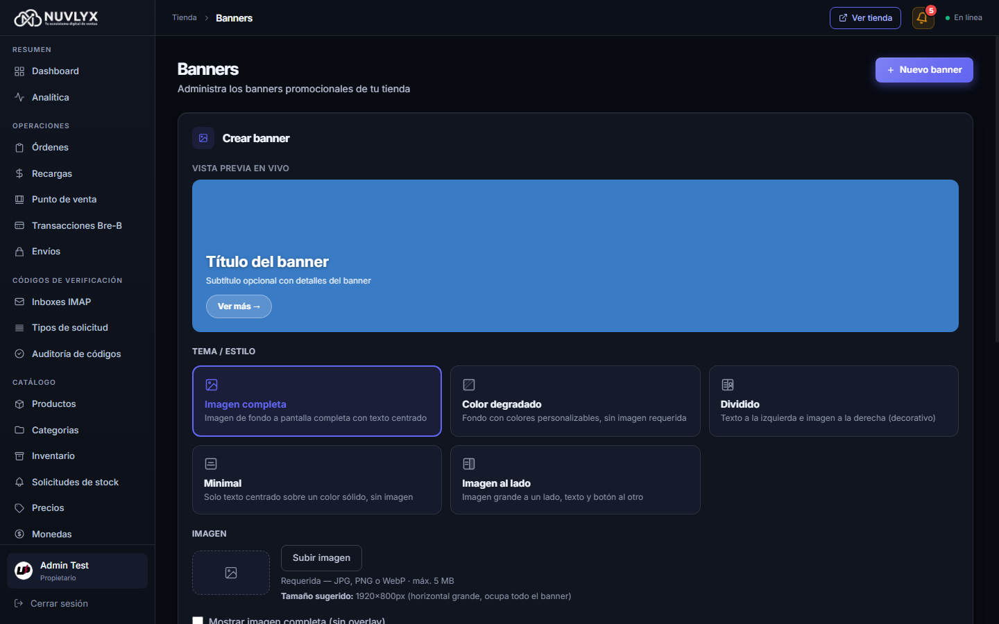 Formulario Crear banner con vista previa en vivo y los cinco diseños